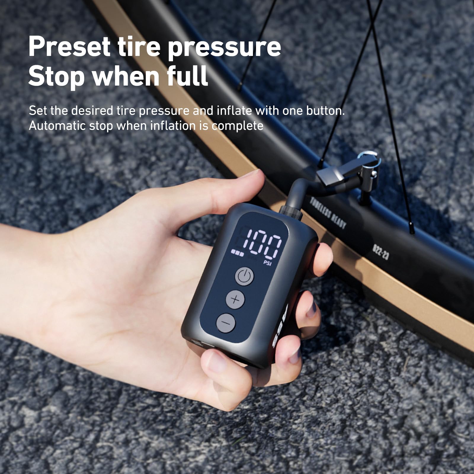 Pompa Per Bicicletta A5S, Mini Portatile Pompa Elettrica per Bicicletta 100 PSI,Spegnimento Automatico,Compatibile con Valvole Presta e Schrader per Biciclette da Strada, MTB, E-bike(98g)