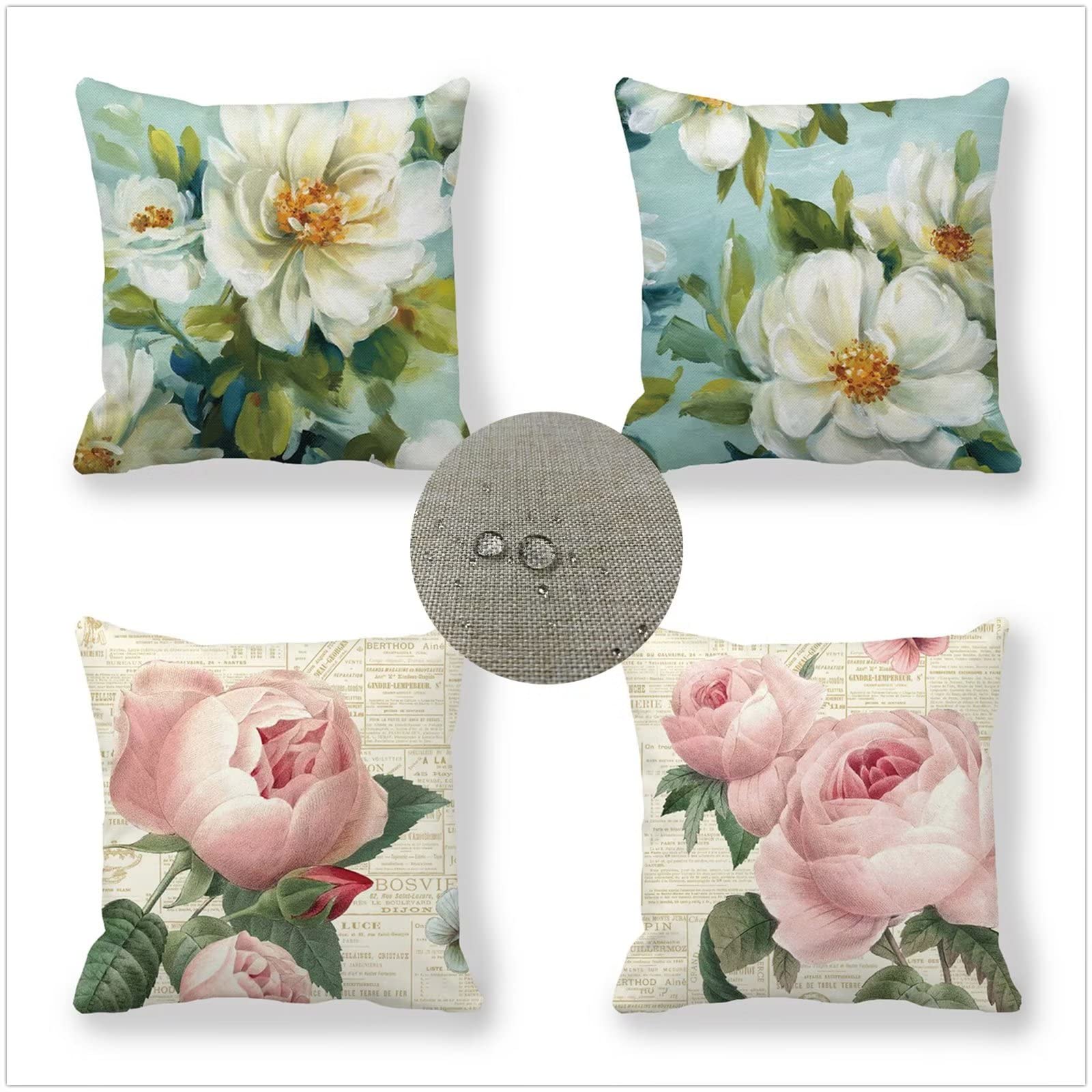 Federe Cuscini Divano 75x75 Set di 4 Cuscini per Divano impermeabile Lino Esterno Cuscini Decorativi Fiore Motivo Cuscini Divano Soggiorno da Letto Estate giardino esterno Copricuscino (Retro) JW-9227