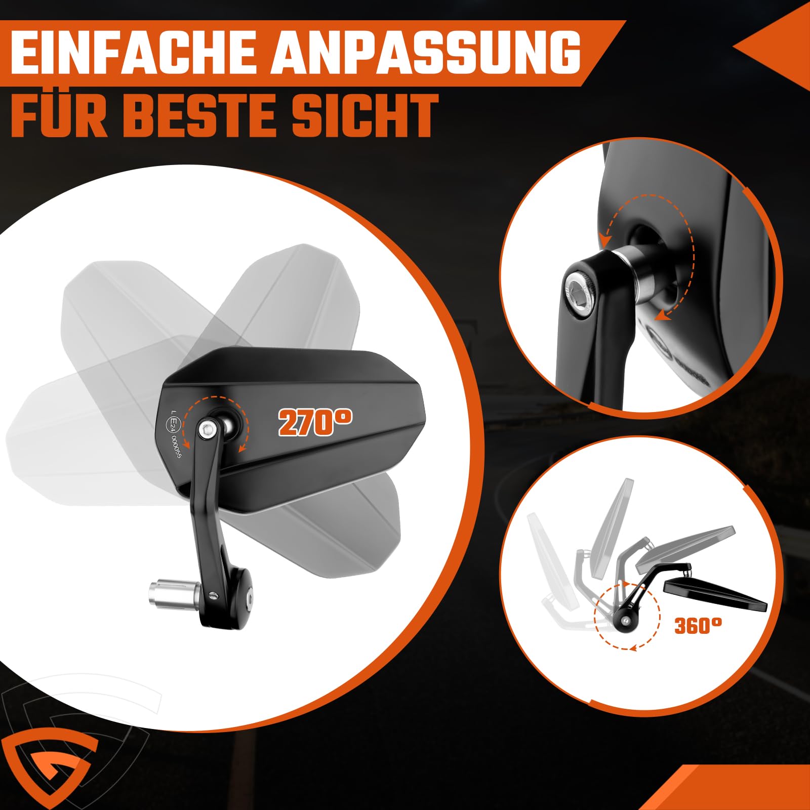 GEARMONSTER Lusterko motocyklowe z certyfikatem E, 360°, 2 sztuki | Lusterko wsteczne do motocykla, obracane o 360°, aluminium CNC, uniwersalne, skutery, quady, koniec kierownicy, łatwy montaż
