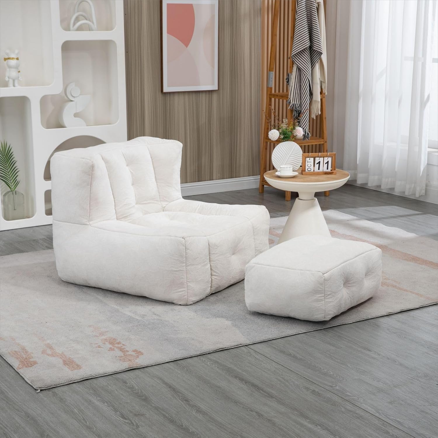 KEVINSPACE Bean Bag Chair Giant High-Density Foam Filling Sofa with Foot Stool Living Room Furniture Big Soft Fluffy Beanbag Lazy Sofa Bed for Teens, Adults to Gaming, Reading, Watching TV White