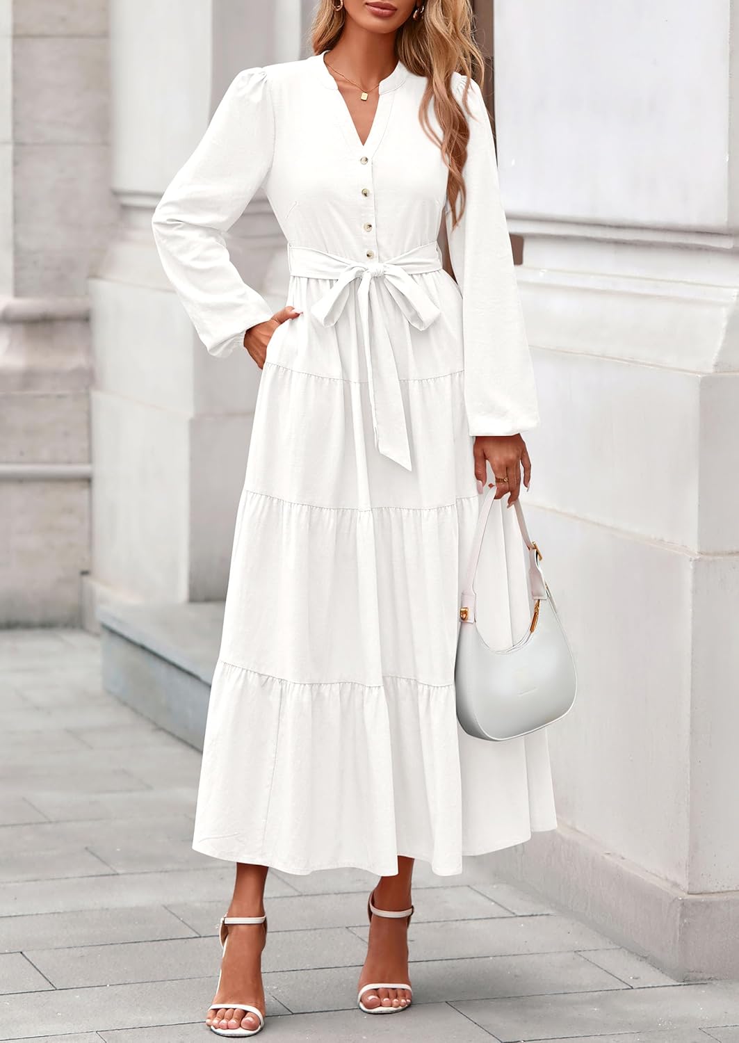 PRETTYGARDEN Maxi Dresses for Women Spring Long Sleeve V Neck Belted A Line Flowy Boho Wedding Guest Dress Pockets - Image 6