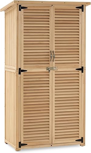 MCombo Armario de almacenamiento de madera para exteriores, cobertizo de herramientas de jardín con pestillo, gabinete de madera con puertas dobles