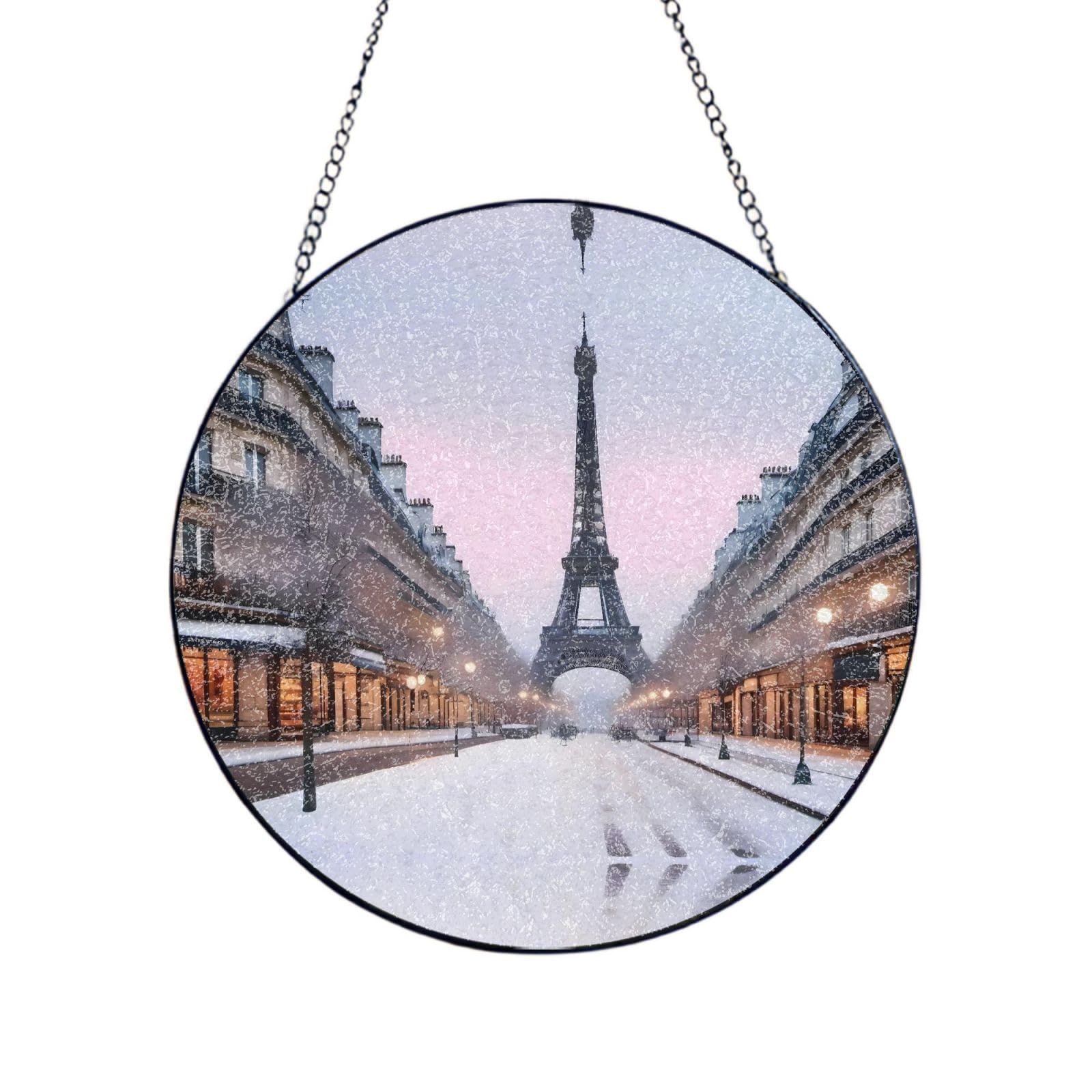 Phayah Winter Scene Eiffel Tower Print Stained Glass Window Hanging Suncatcher For Door Terrace Garden Home Decor Sun Catcher Birthday Gifts For Lovers Dad Mom 12in（30cm）