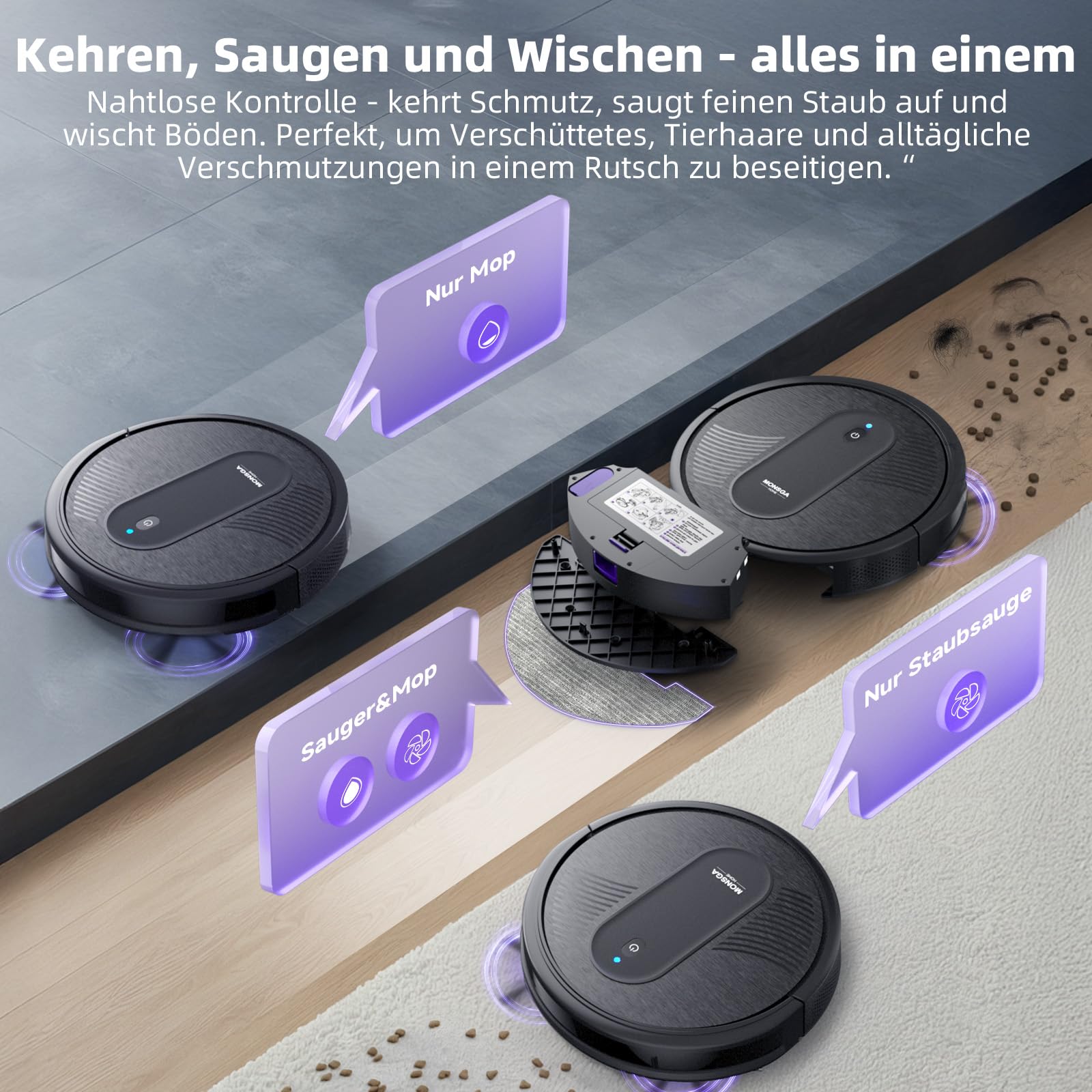 MONSGA Saugroboter mit Wischfunktion 4000PA, Saug und Wischroboter 3 in 1,140Min Laufzeit, 2 Bürsten,Staubsauger Roboter mit Auto-Teppich-Boost für Tierhaare Teppich Böden, APP Steuerung