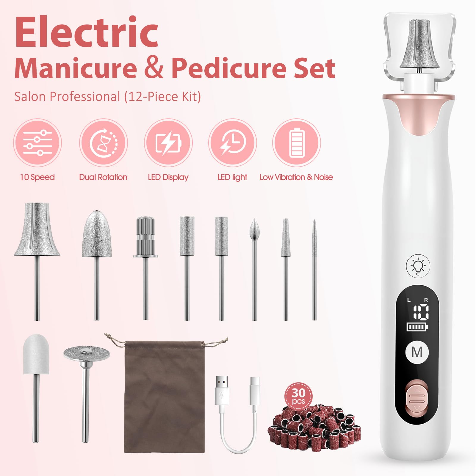 Professionelles Maniküre Pediküre Kit, 10 Geschwindigkeiten Elektrische Nagelfeile für Hand Fußpflege Nagelschleifen Trim Polish, Kabelloser Nagelbohrer Nagelpuffer für Frauen Männer Baby Haustiere