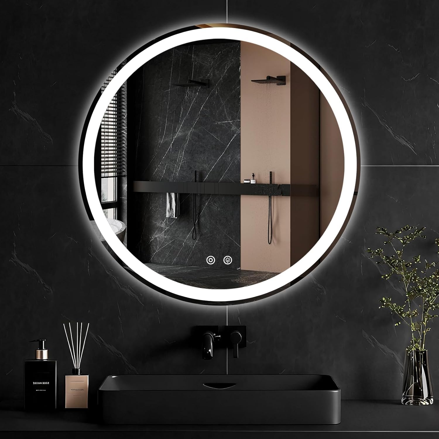 Simple Deluxe Round LED Bathroom Mirror with Lights, Smart Anti-Fog LED Bathroom Mirror with Circular Dual Lights and 3-Color Temperature Memory dimming (28inch)