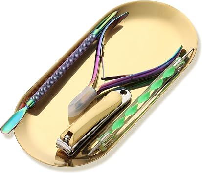 1Pcs Manicure Tools Storage Tray, Oval Stainless Steel Storage Dish Nail Art Accessory Display Tray Jewelry Rhinestone Cosmetic Nail Decorations Organizer Metal Storage Plate Gold