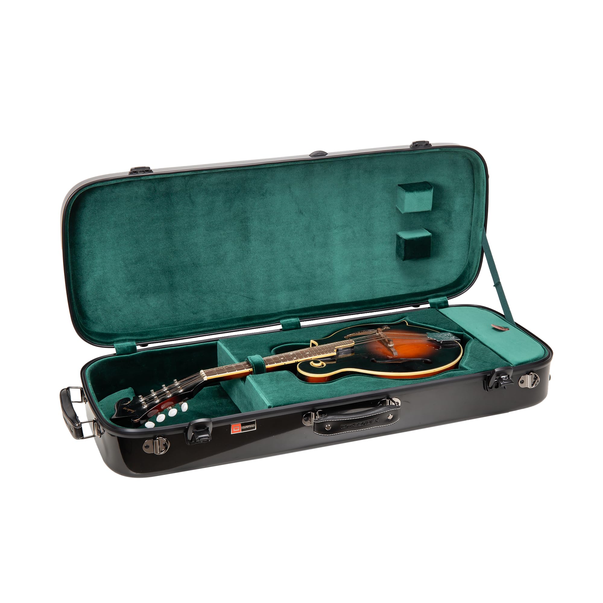 Crossrock Fiberglass Rectangular Mandolin Case for F-Style (Fits Gibson F5, L/R Hand) | Black Gloss, Forest Green Velvet, TSA Lock, Hygrometer, Backpack Straps – Pro Travel Series (CRF2020UMFBK-R)