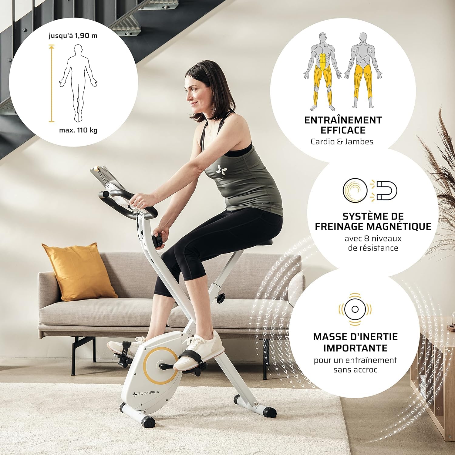 SportPlus Vélo d'appartement pliable silencieux pour la maison compatible avec l'application Fitnessbike