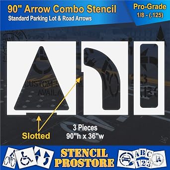 Parking Lot Stencils - 90 inch - Slotted Straight & Turn Combo Arrow KIT - (3 Piece) - 90 x 36 x 1/8 (128 mil) - Pro-Grade