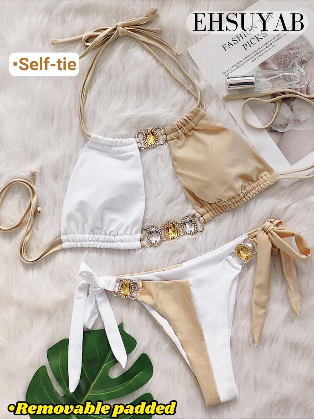 Sexy Women Color Block Swimsuit, Rhinestone Halter Thong Low Rise Bikini Set, Vacation Beach Pool Party Bathing Suits