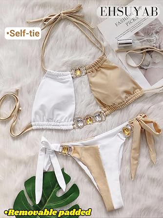 EHSUYAB Sexy Women Color Block Swimsuit, Rhinestone Halter Thong Low Rise Bikini Set, Vacation Beach Pool Party Bathing Suits