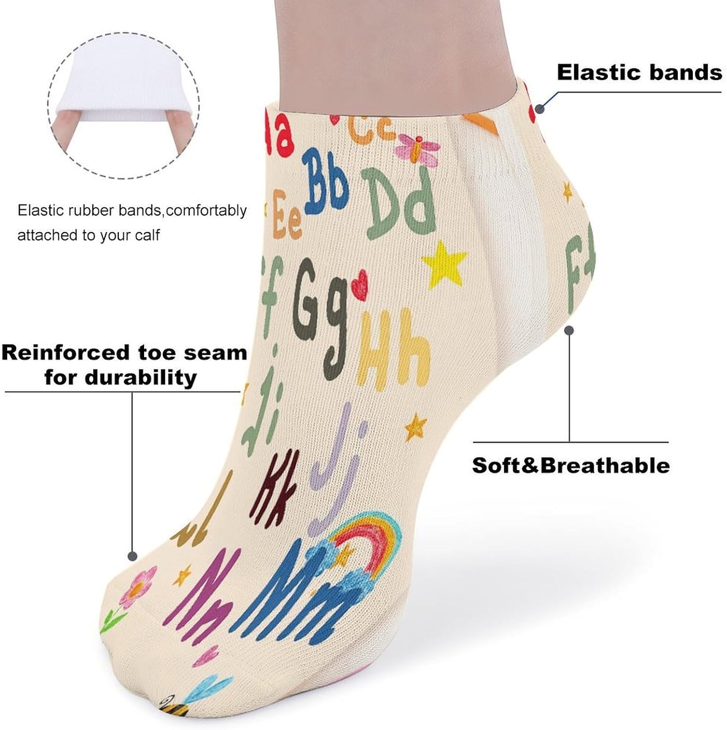 Colorful Alphabet 5Pairs Low Cut Ankle Socks for Women No Show Casual Breathable Athletic Socks for Sport