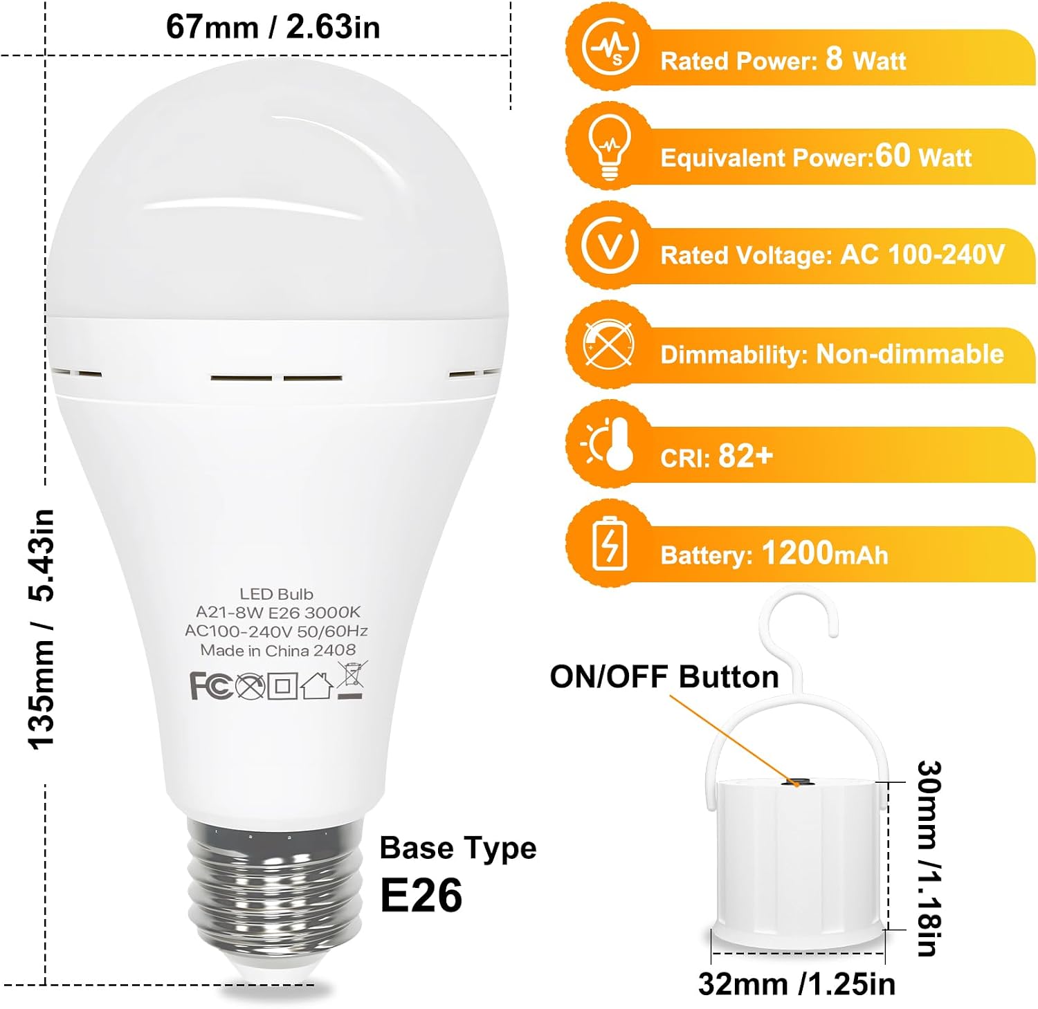 Emergency Rechargeable Light Bulbs 60 Watt, Warm White 3000K Battery Powered Light Bulb E26 Base, LED Battery Operated Light Bulb Long Lasting for Lamps, Power Outage, Sconces, 4 Pack