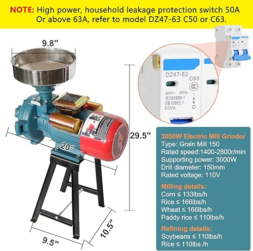 Miniatura 5 de MOPHOTO Molino eléctrico de grano molino, molino de maíz eléctrico, cereales secos molinos de maíz de trigo de arroz con embudo, molino de grano de