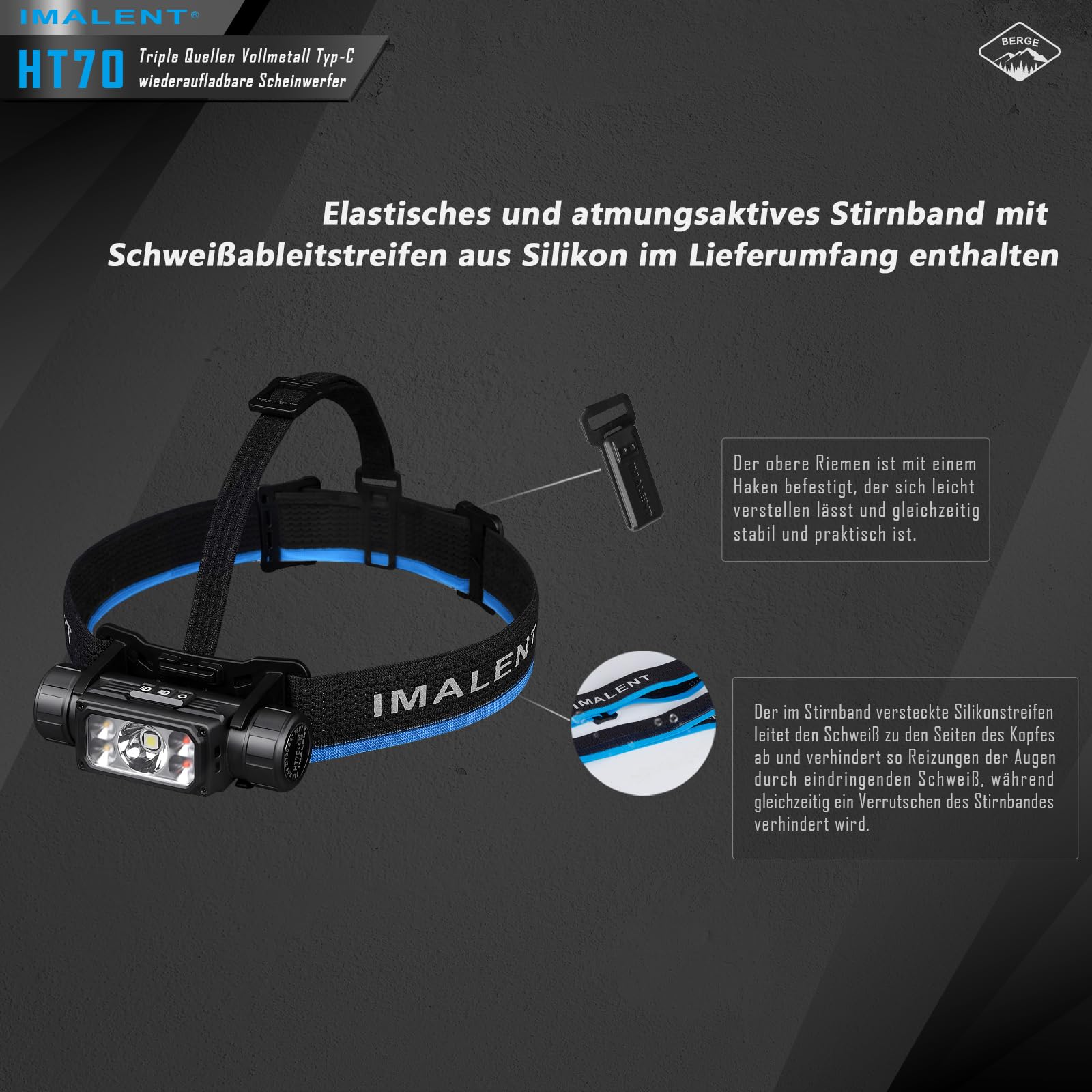 IMALENT HT70 LED Stirnlampe mit 3500 Lumen, 349 Meter Leuchtweite, USB-C Stirnlampe Led Wiederaufladbar 3 Lichtquellen mit Rotlicht 180° Verstellbar fürs Laufen, Angeln, Campen, Notfälle