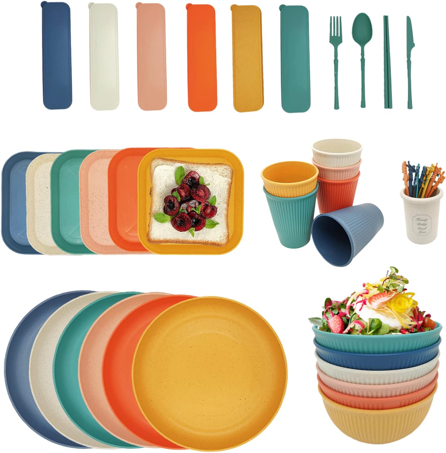 Berglander vaisselle en plastique 24pcs pour 6, Assiettes et bols réutilisables comprenant des