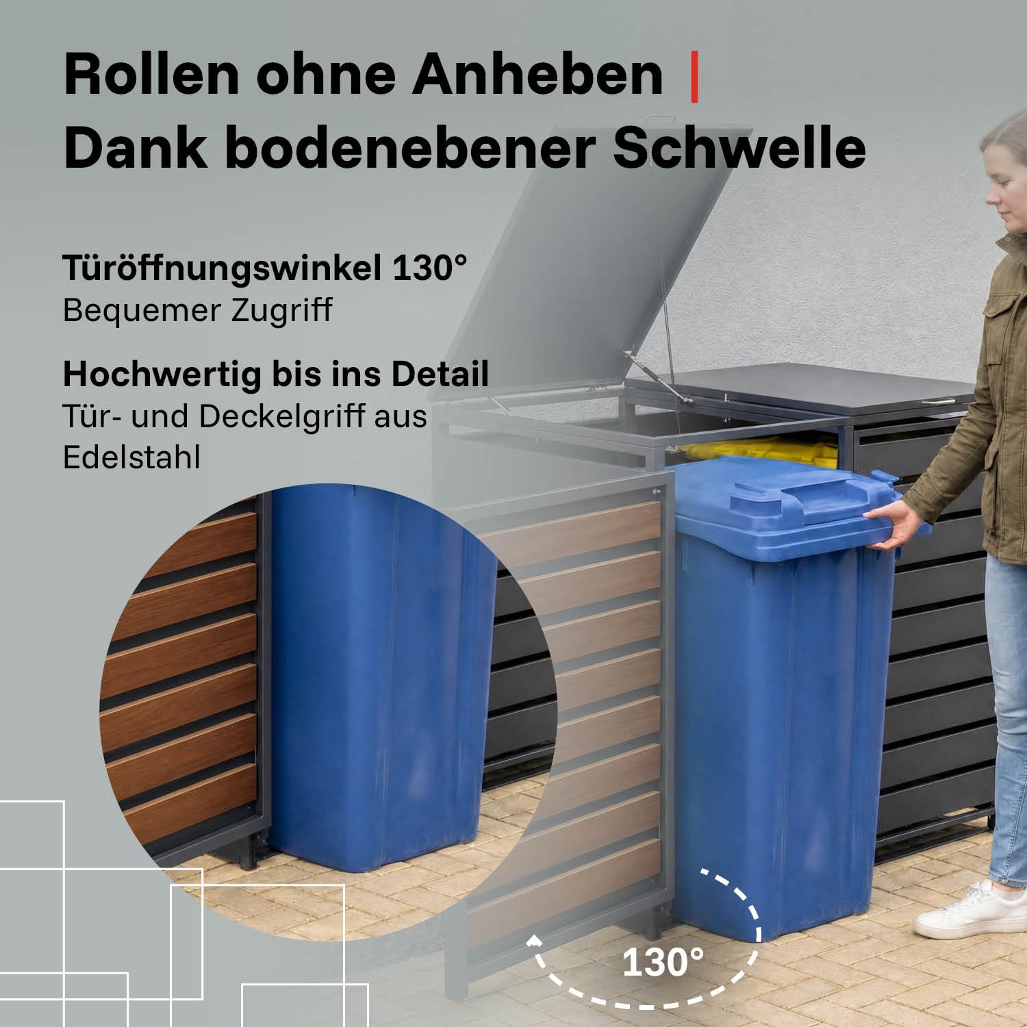 LagerZwei Mülltonnenbox 240 L I Wetterfeste, abschließbare Mülltonnenverkleidung I Müllbox aus Stahl, pulverbeschichtet I Automatikdeckel mit Gasdruck I Holz, 116 x 80 x 68 cm