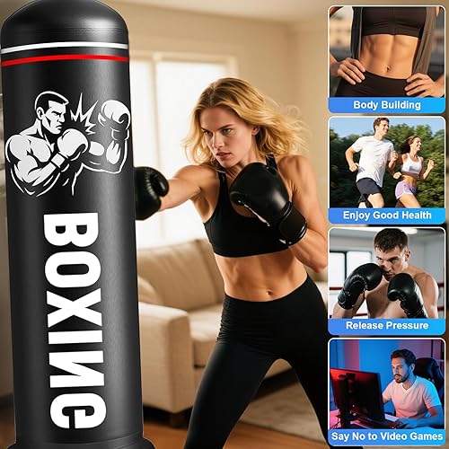 Miniatura 5 de Saco de boxeo para adultos con soporte, 74.8 pulgadas, bolsa de boxeo pesada con guantes y bomba para hombres, mujeres, adolescentes, niños, niñas,