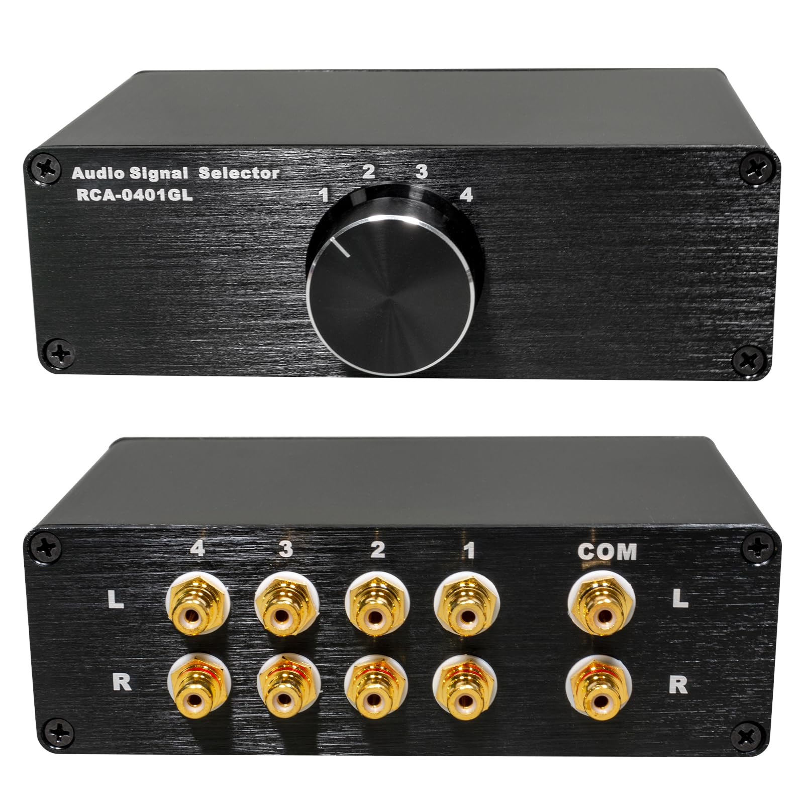 Conmutador pasivo de audio estéreo L/R de 4 vías, salida 4 en 1 y 1 en 4 salidas, señal sin ruido para sistema de alta fidelidad, tocadiscos, PC, reproductor de CD, aluminio
