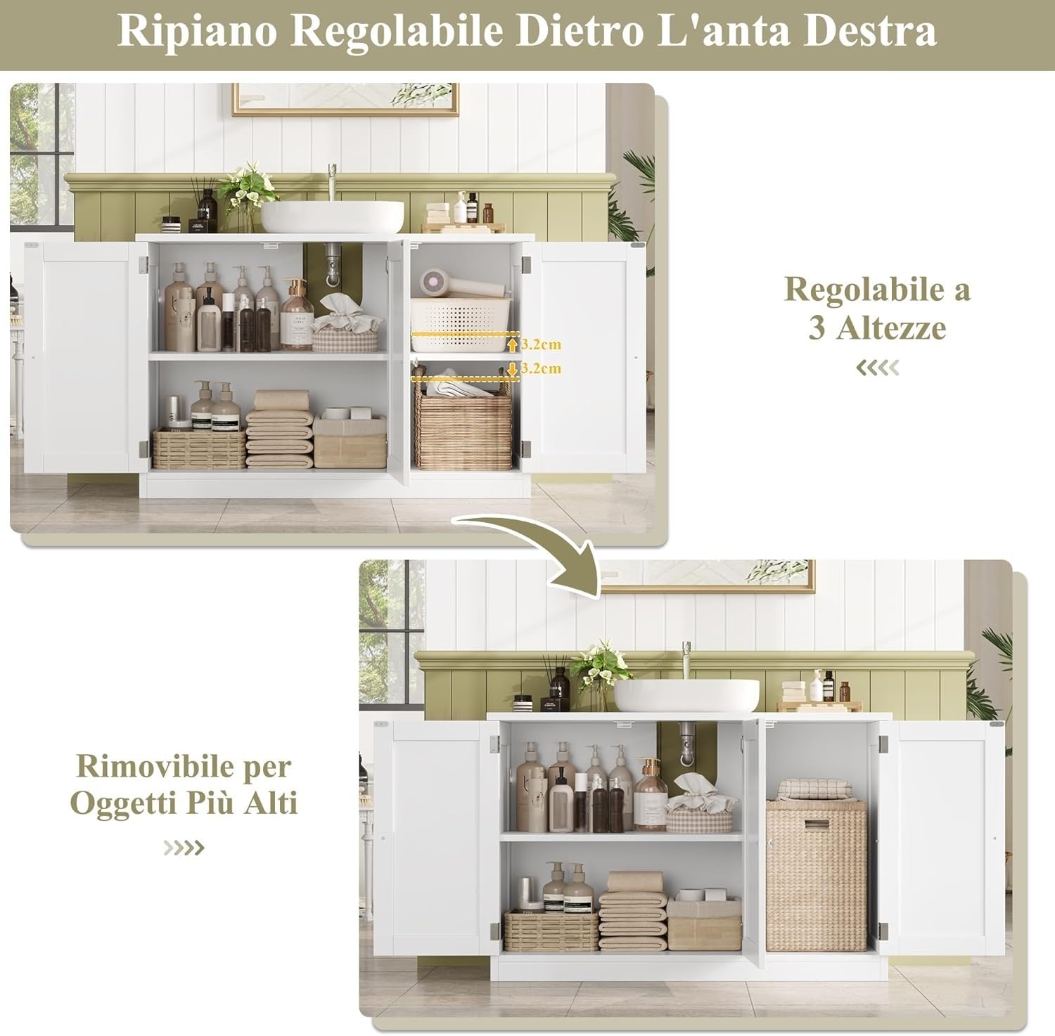 FOREHILL 90CM Mobile Sottolavabo per Bagno.Mobile Bagno con 3 Ante Bianco | Mobile Sottolavabo Grande a Ripiani Regolabili e Rimovibili,Scanalatura a Forma di U,per Bagno, Lavanderia 90x30x61.8 cm