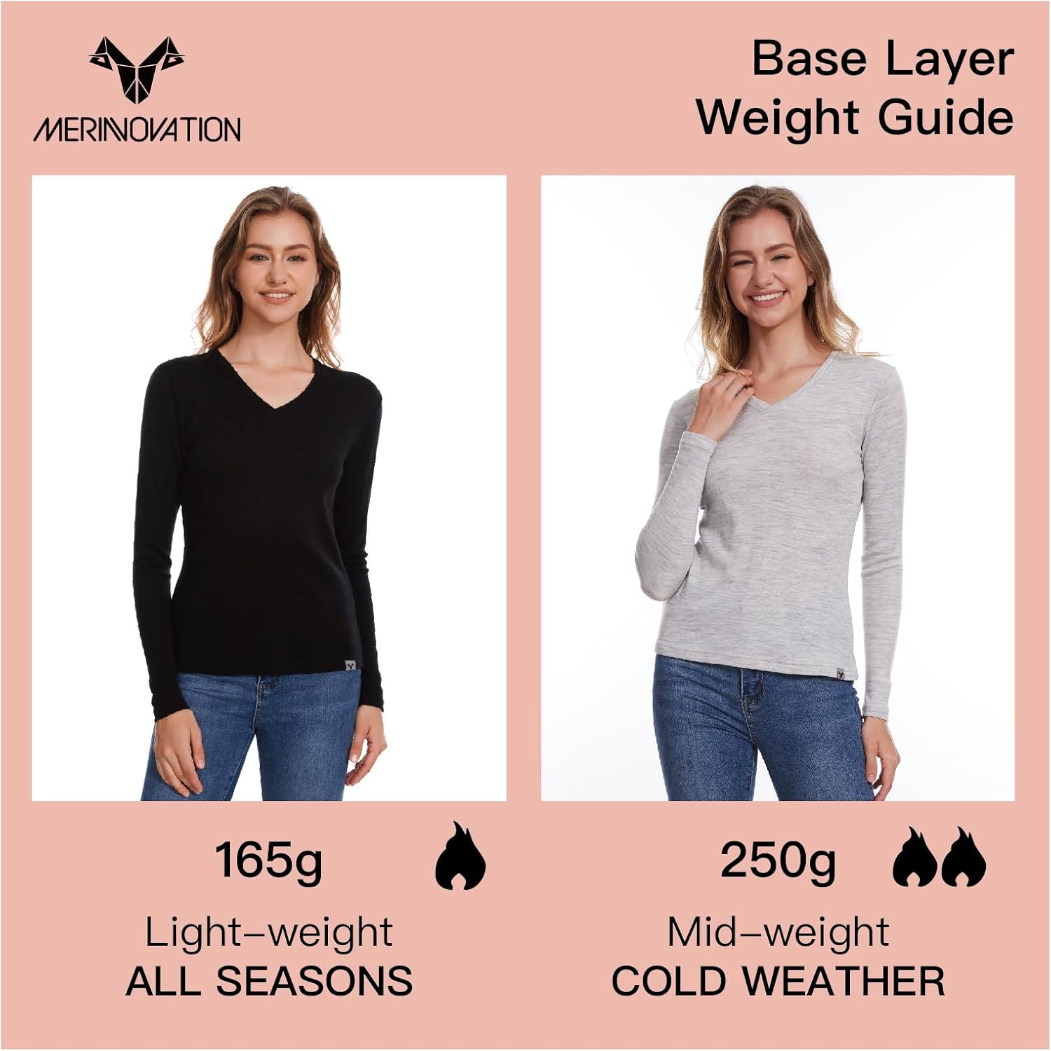 MERINNOVATION Merino Wool Base Layer Women - 100% Merino Wool Shirts for Women Lite - Midweight Long Sleeve V-Neck Tops - Image 5