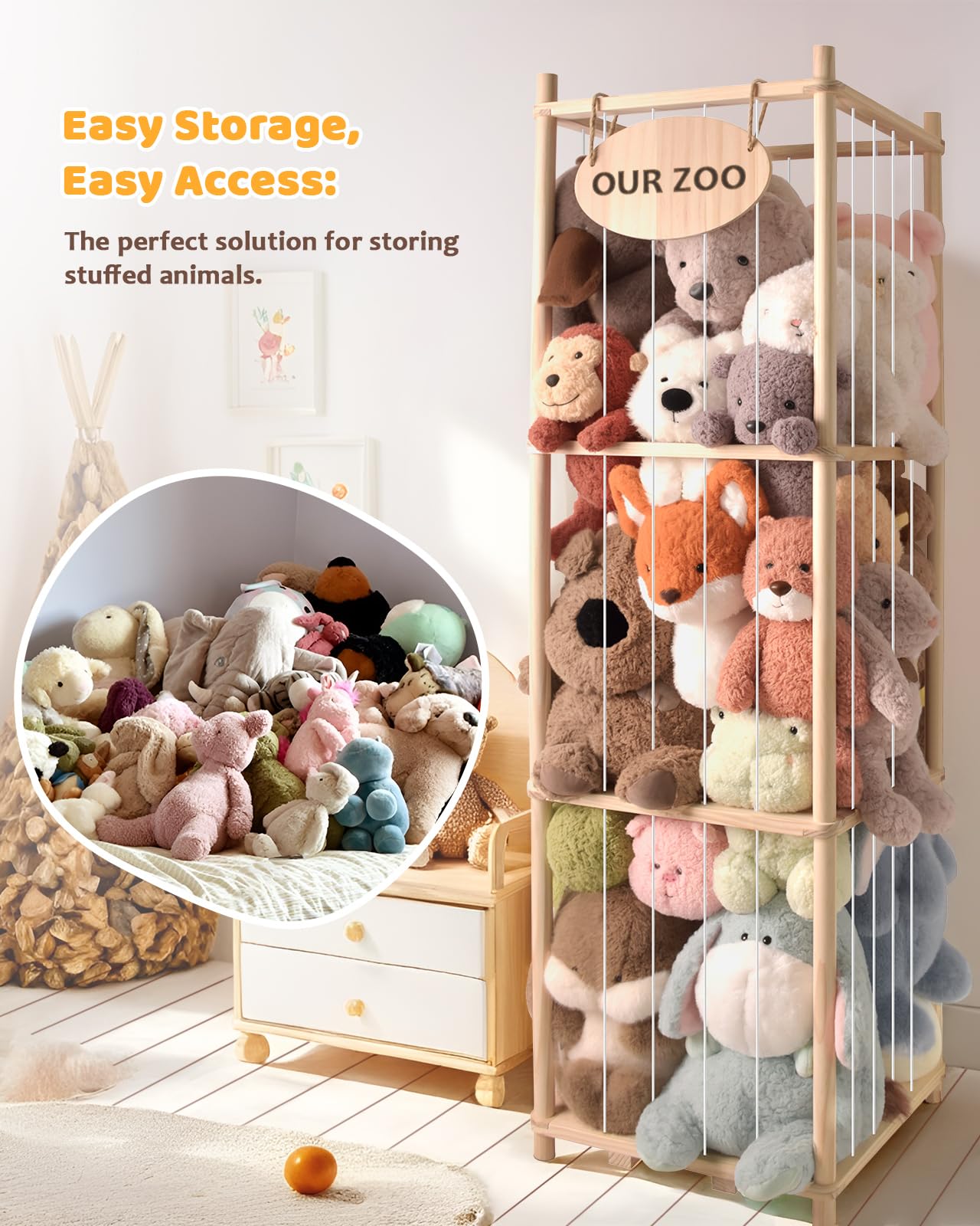 Rhyzoray Stuffed Animal Storage Organizer - Thick Wooden Toy Zoo for Playroom & Bedroom, Large Plushies Holder with Cute Jail Cage Design, Plush Toy Display Tower Shelf