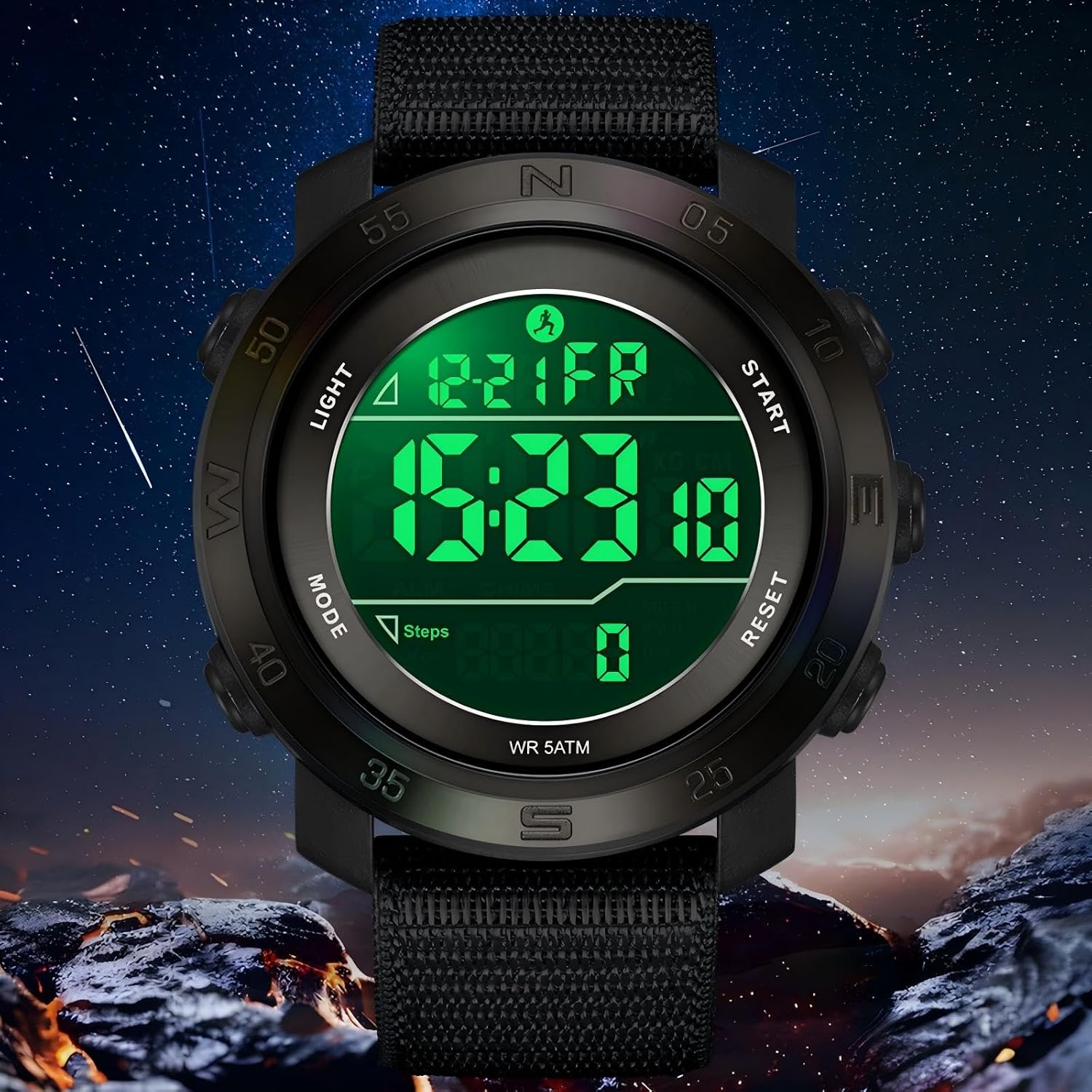 findtime Step Counter Watch No Phone Needed Pedometer for Walking Mens Women's Digital Watches with Calories Distance Alarm Countdown Timer Nylon Strap Black
