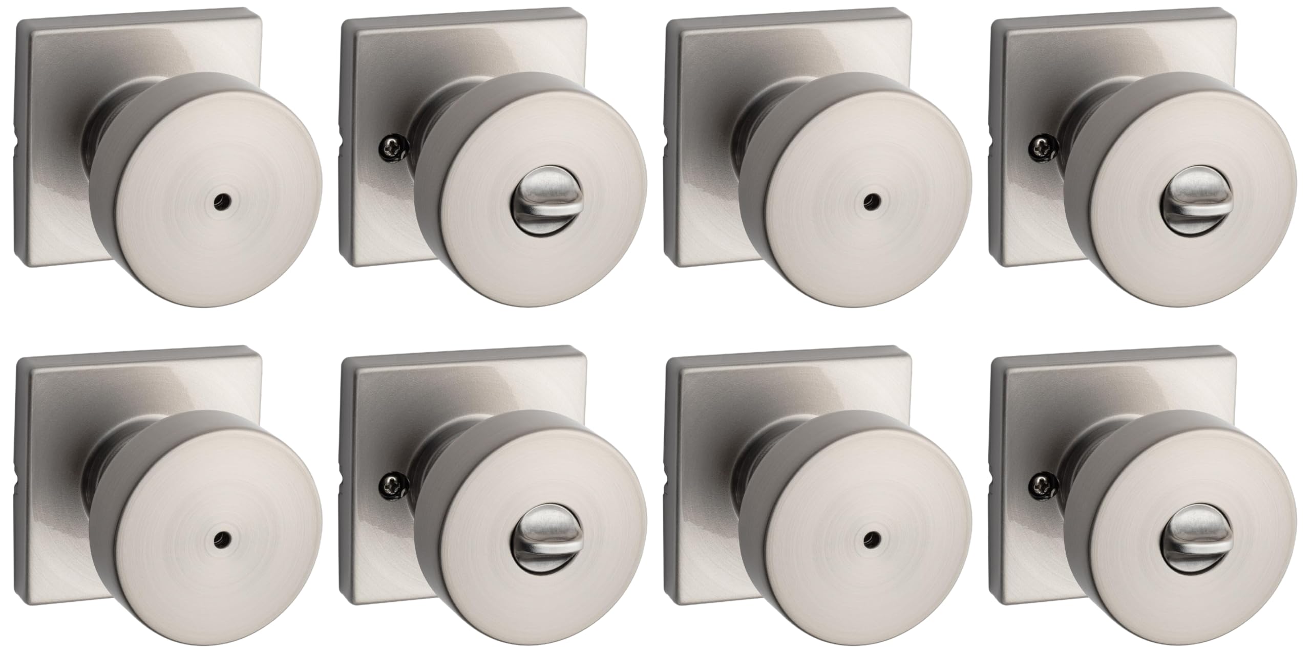 Kwikset Pismo Interior Privacy Door Knob with Lock, Door Handle for Bathroom and Bedroom, Satin Nickel Keyless Turn Lock Doorknob, with Microban Protection (Pack of 4)