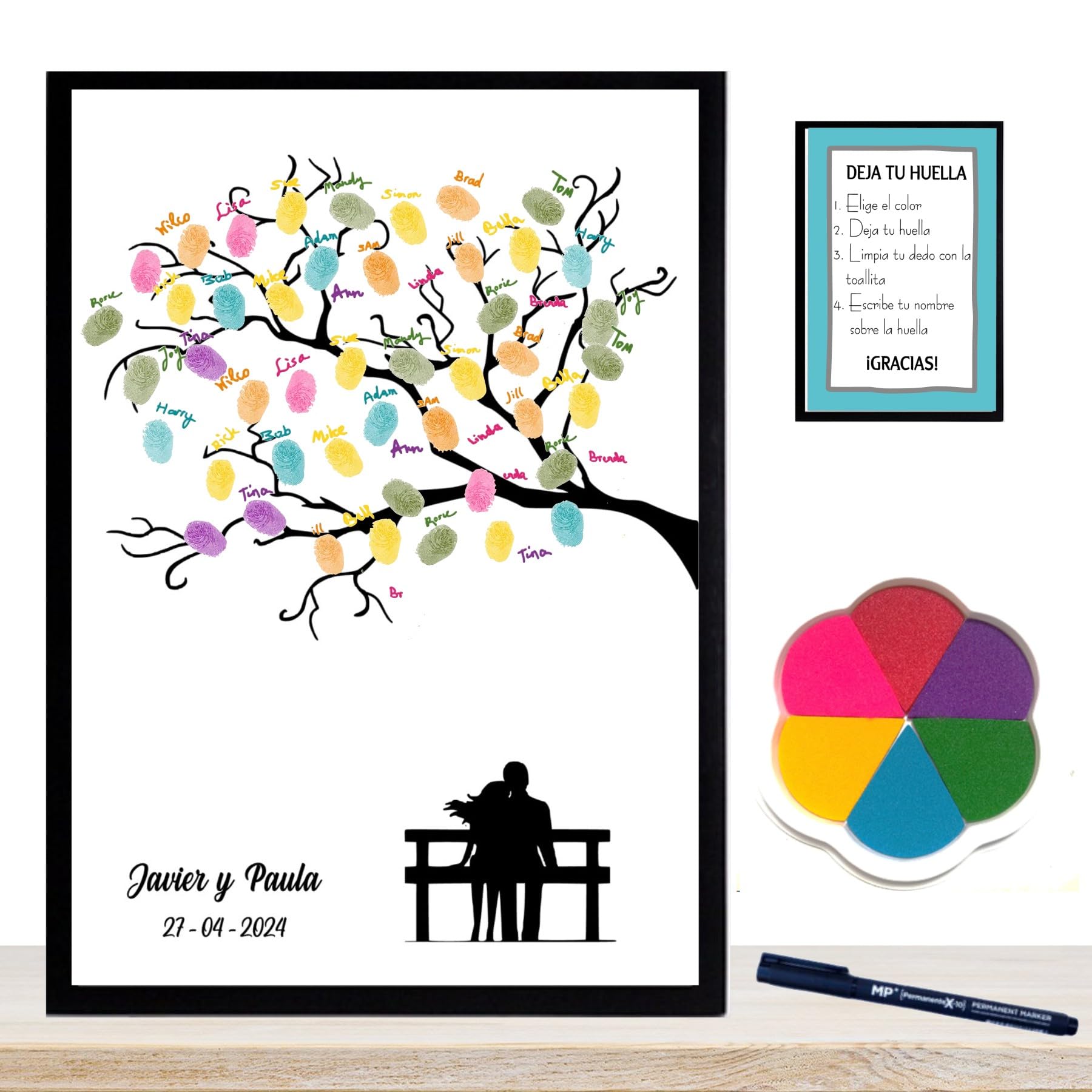 Libro Firmas Boda, Cuadro de Huellas Personalizado, Regalo Original para Novios, Incluye Marco de Madera 3 Colores, Tintas e Intrucciones. (Huellas Parque, 50 X 60 CM)