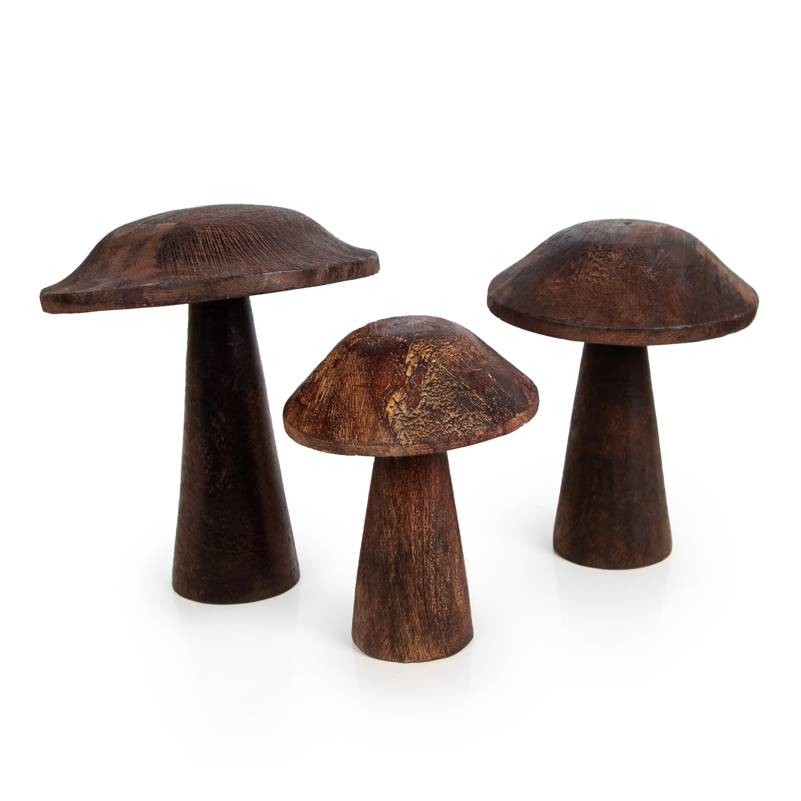 Funghi decorativi in legno, set 3 pezzi: decorazioni autunnali casa, addobbi autunno tavolo e finestra, ornamenti rustici interni, statuette naturale, centrotavola, 13-18 cm
