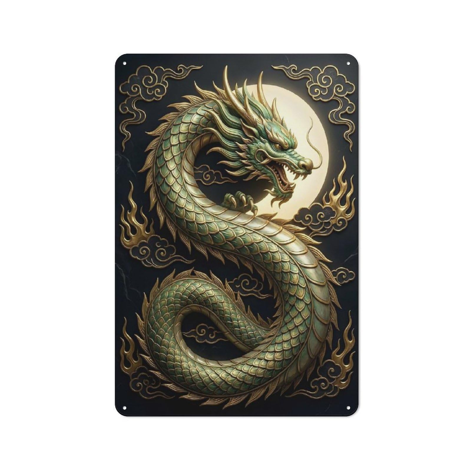 Junmoney Style-23 Tin Wall Plaque 30X20cm With Green Dragon With Golden Ornaments For Studio Or Craft Room, Suited To Studio Decor Lovers