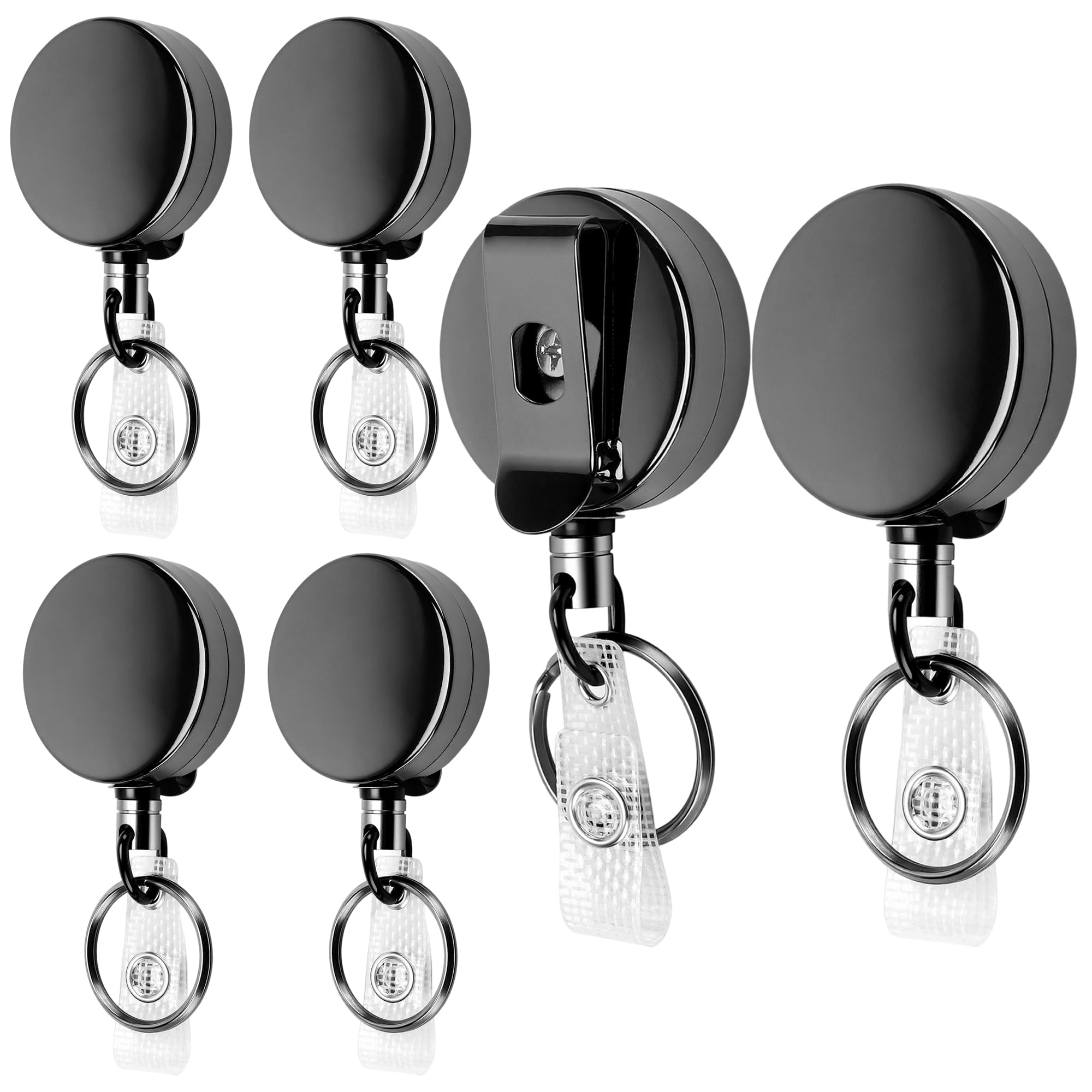 CHEUNGR 6 Pack Heavy Duty Metal Badge Reel, Retractable Keychain ID Card Holder with 60 cm Steel Cord, Belt Clip and Key Ring, All Metal Casing Keychain for Name Card