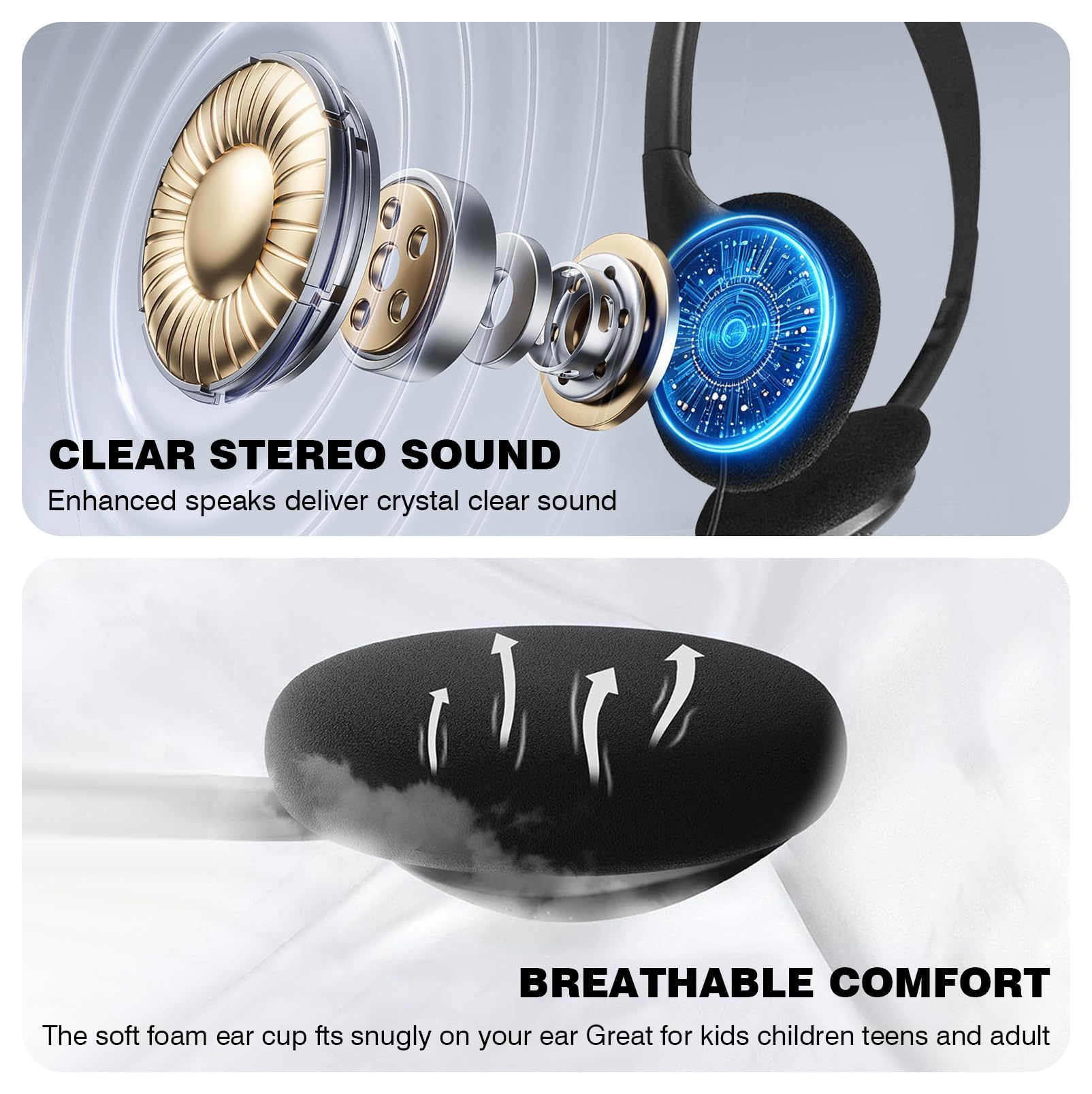 LIROPAU Lot de 20 casques filaires supra-auriculaires pour enfants, bandeau réglable avec prise jack 3,5 mm pour bibliothèque, école, casque filaire pour smartphones, tablettes, ordinateurs portables