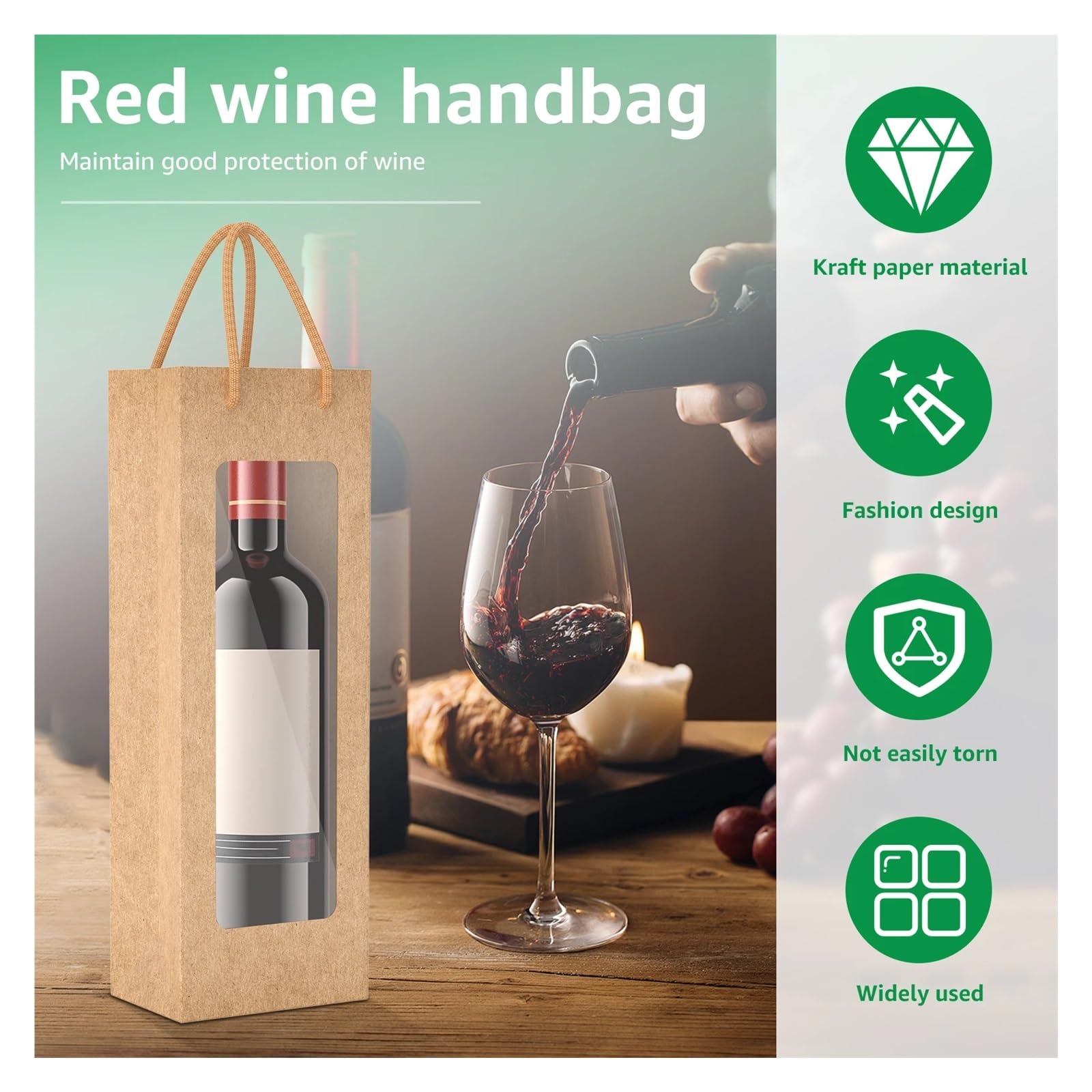 Lot de 24 sacs cadeaux rectangulaires en papier pour bouteille de vin, Velin jaune, 12.5x8.5x36cm