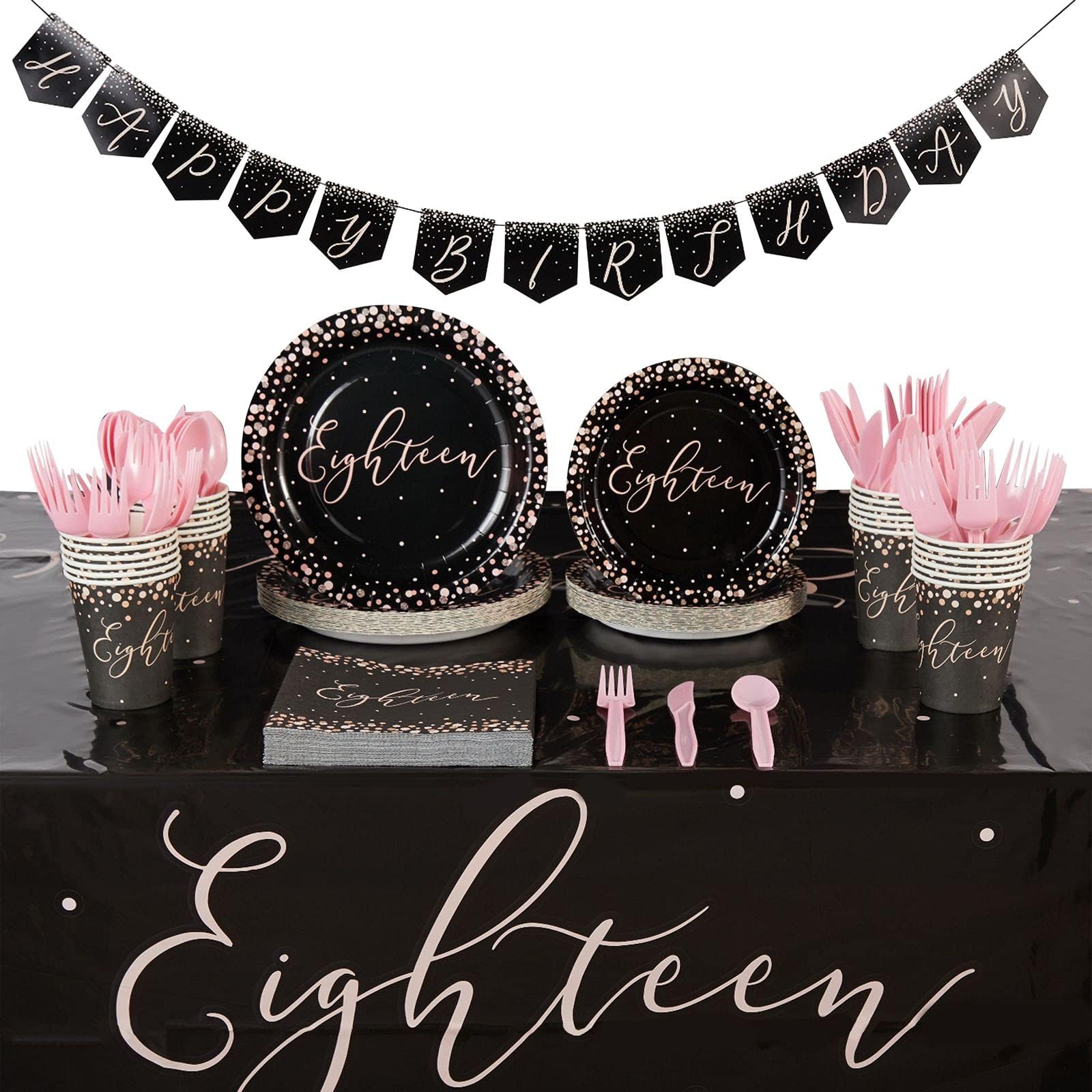 Sparkle and Bash 18th Birthday Party Supplies Set (Serves 24) Black and Pink