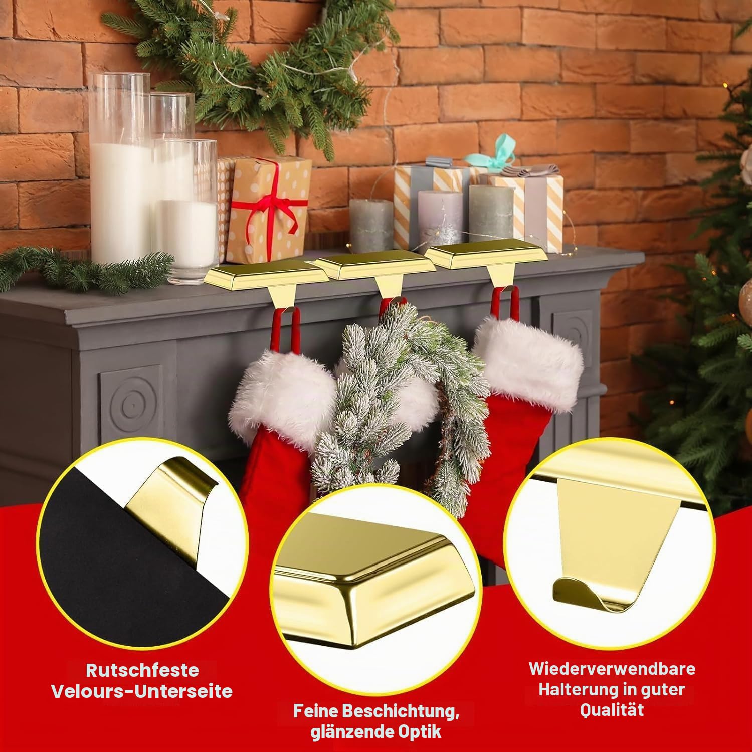 Weihnachtsstrumpfhalter, Kaminstrümpfe, Kleiderbügel, Metall, zum Aufhängen, Strumpfhalter, Basis für Kamin, freistehend, Weihnachten, Party-Dekoration (2 Gold, 2)