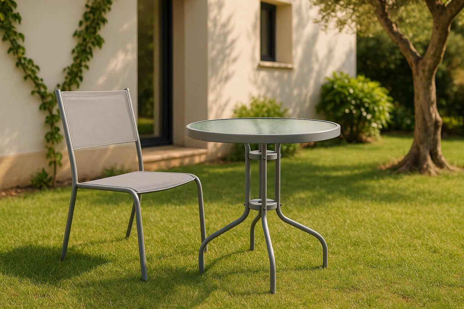 HERSIG - Mesa de Jardin Redonda de Acero y Vidrio Templado - Mesa Exterior Color Gris 60x70 CM - Mesas de Terraza y Jardín Redondas Resistentes - Mesas para Verano Exterior con Cristal Texturizado