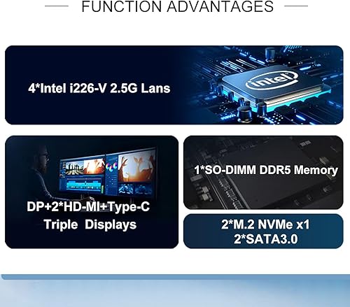 Vista 4 de Alder Lake-N i3-N305 8C/8T Fanless Mini Router,No RAM No SSD,DDR5,4X i226-V Lans,2X HDMI&DP&Type-C, 3 Screens Display Mini Desktop Computer
