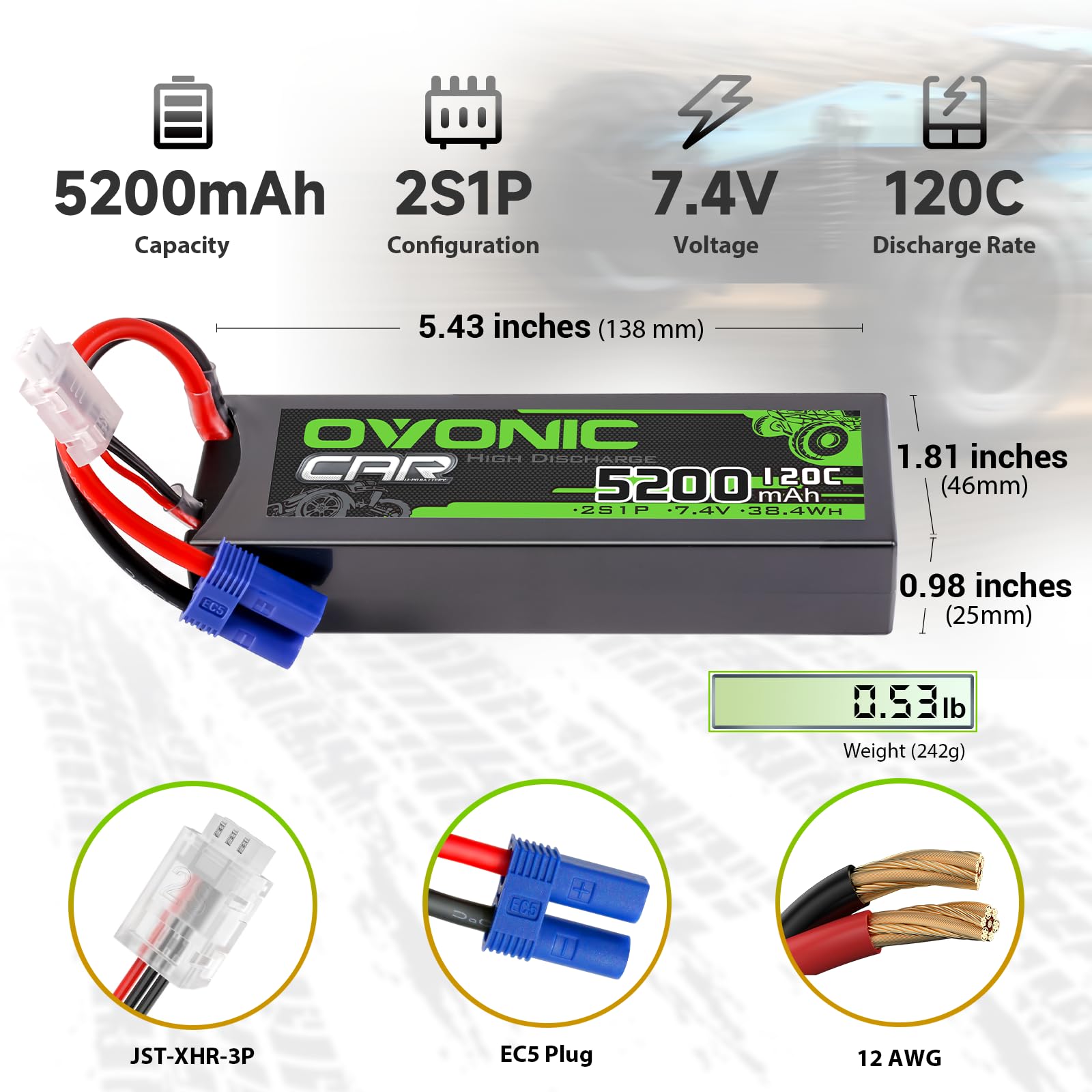 OVONIC Batteria Lipo da 2 s, 7,4 V, 5200 mAh, 120 C, con spina EC5, per auto RC, Truggy, quadricottero, elicottero, camion, barca, aereo (2 pezzi)