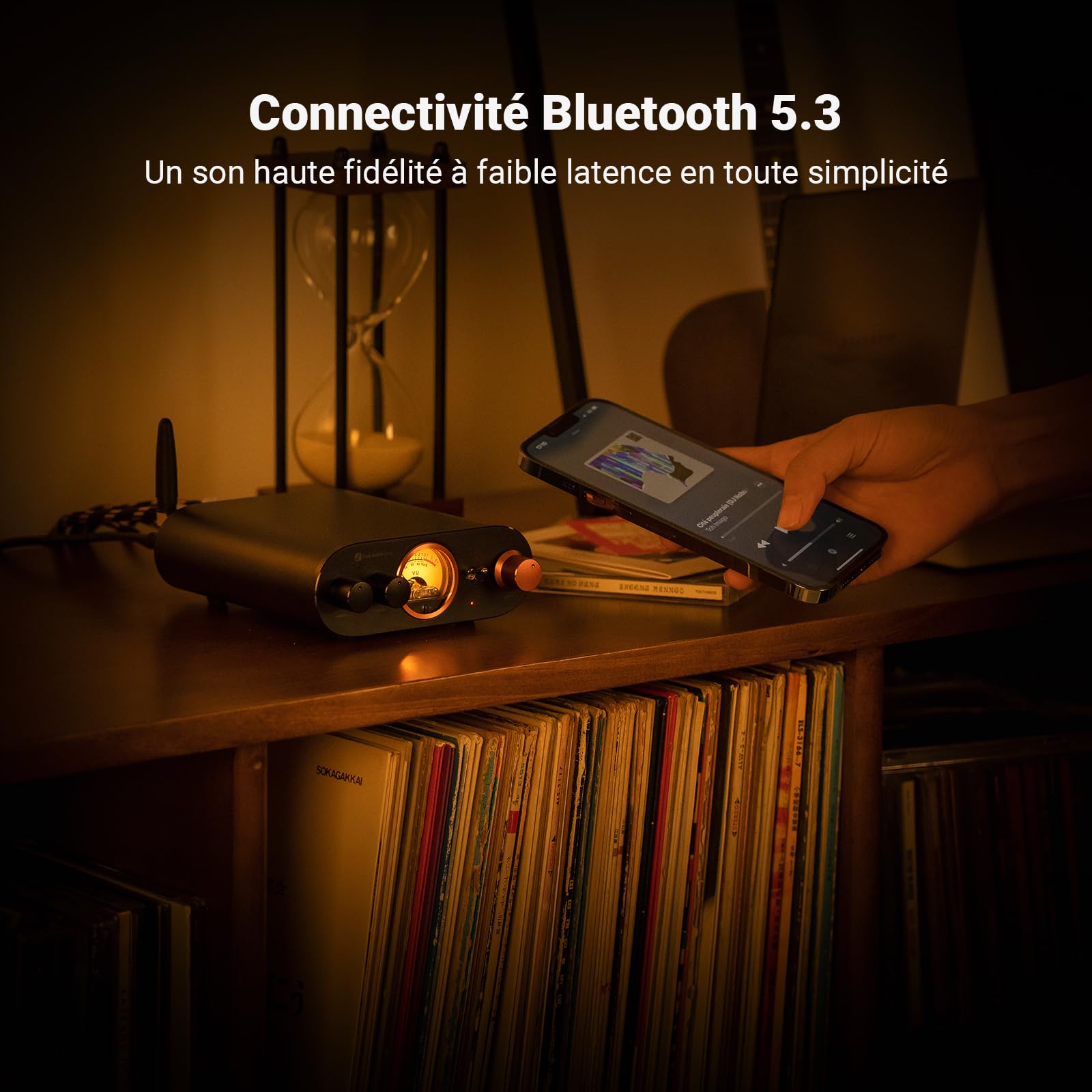 Fosi Audio MC101 Mini Ampli Bluetooth, Amplificateur Audio HiFi Stéréo avec VU-Mètre 2 Canaux pour Haut-Parleurs Passifs avec Contrôle des Basses et des aigus Vintage en Alliage d'Aluminium