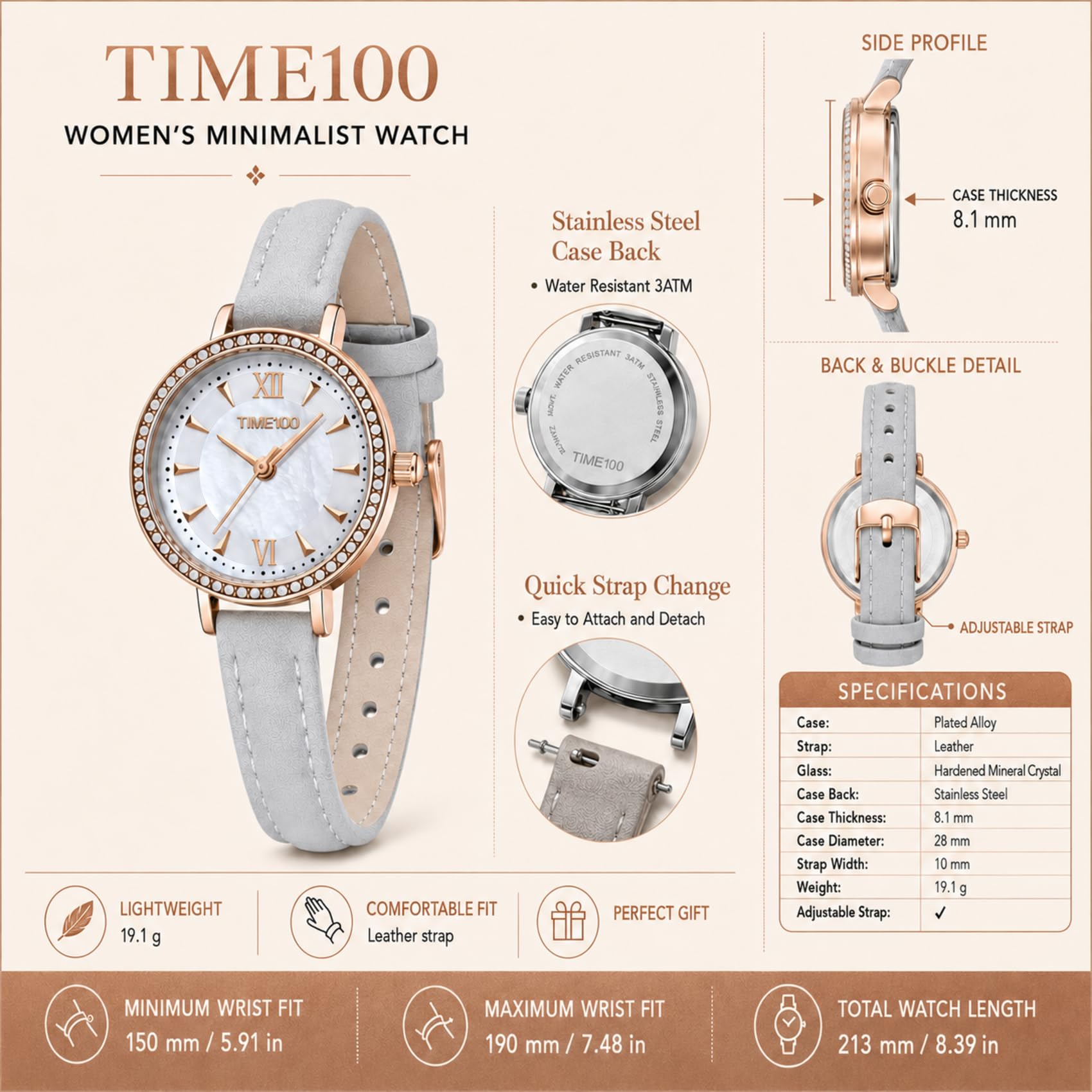 TIME100 Orologio da polso da donna con cinturino al quarzo, cinturino in | Orologio da donna Petite da donna, cinturino a cambio rapido, resistente all'acqua fino a 30 m, elegante orologio per tutti i