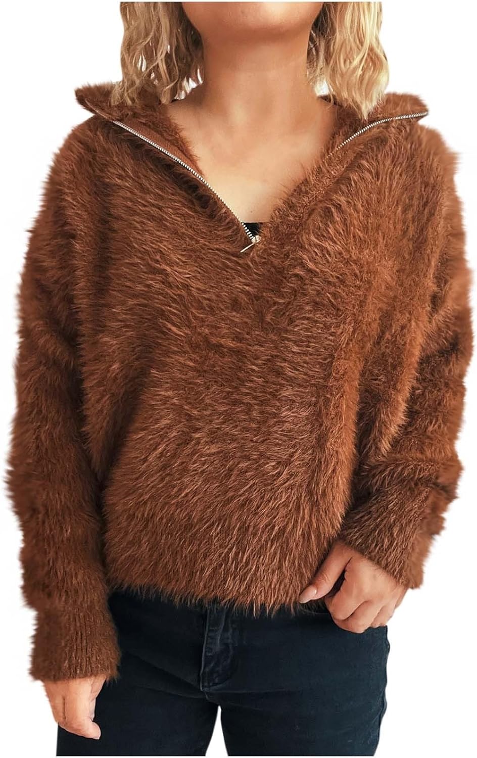 Fuzzy Sweatshirt for Women Zipper V Neck Pullover Sherpa Fuzzy Fleece Cozy Pullover Soft Tops 2026 Fall Trendy Clothes