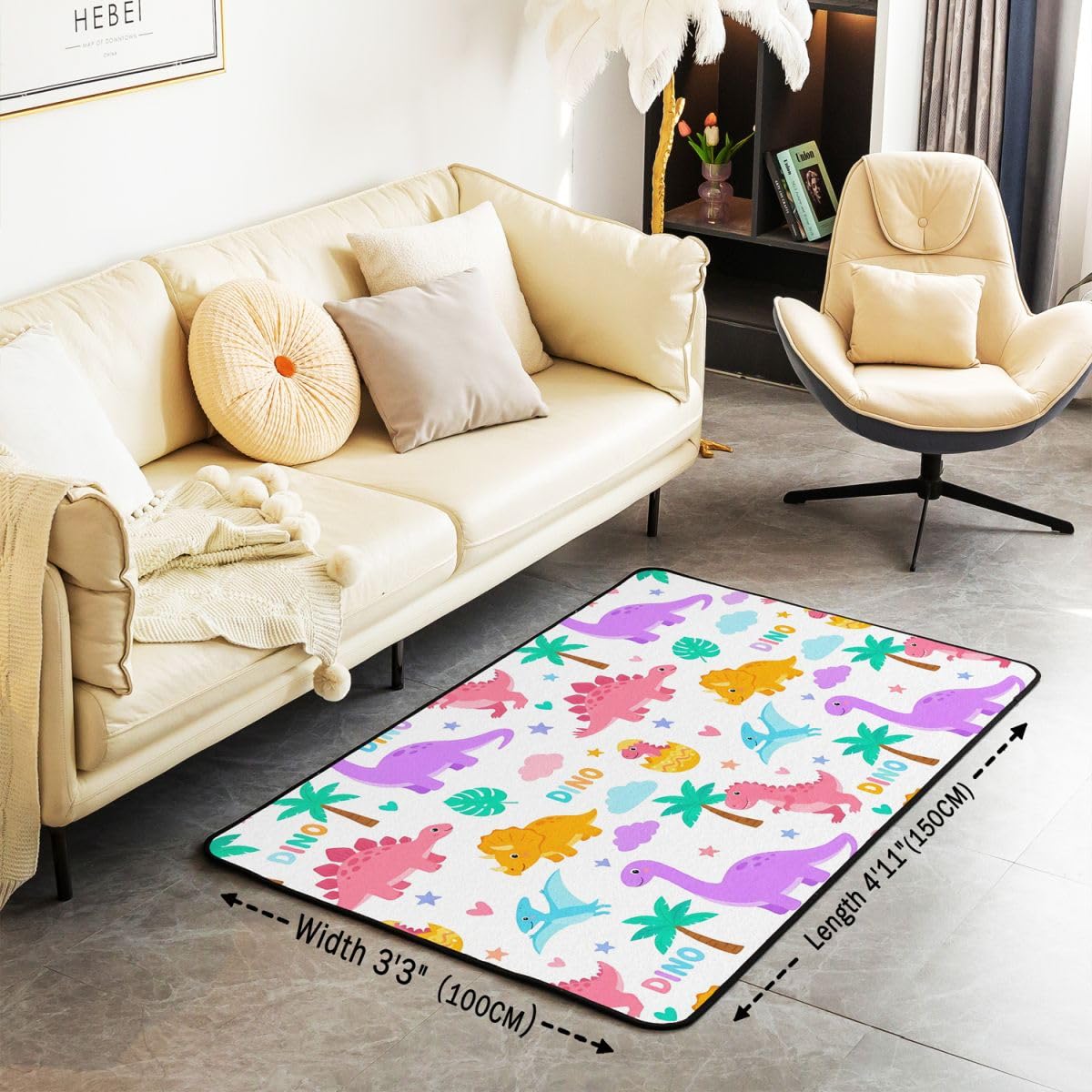 Süß Dinosaurier Teppich 100x150cm Autotoon Dschungel Dino Wohnzimmerteppich Kawaii Wildes Tier Modern Teppich rutschfest für Wohnzimmer Schlafzimmer