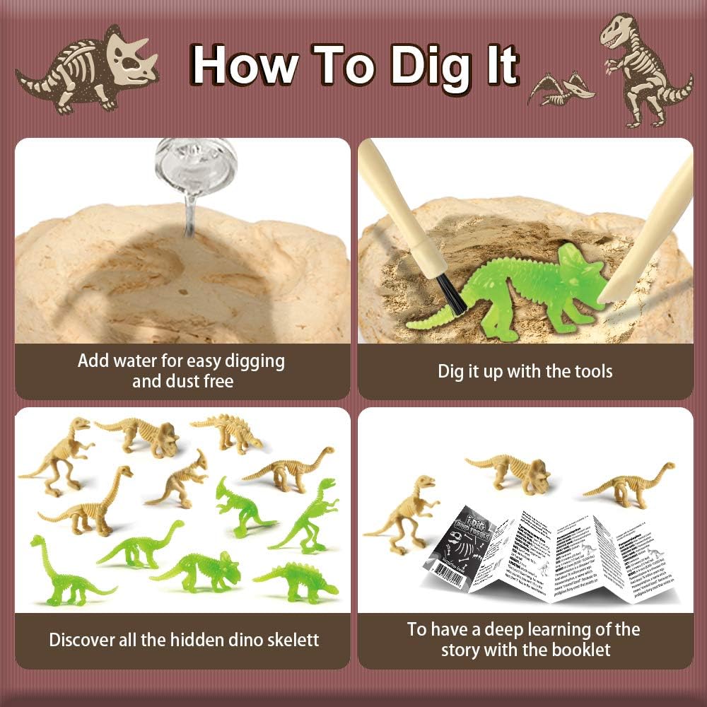 Byncceh Dinosaur Fossil Digging Kit for Kids - Excavate 12 Prehistoric Bones, Includes Glow in The Dark Dino Fossil - STEM Educational Archaeology Science Toy Ages 6-12