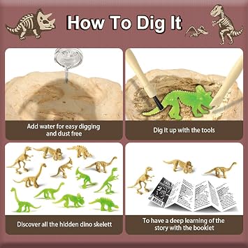 Byncceh Dinosaur Fossil Digging Kit for Kids - Excavate 12 Prehistoric Bones, Includes Glow in The Dark Dino Fossil - STEM Educational Archaeology Science Toy Ages 6-12