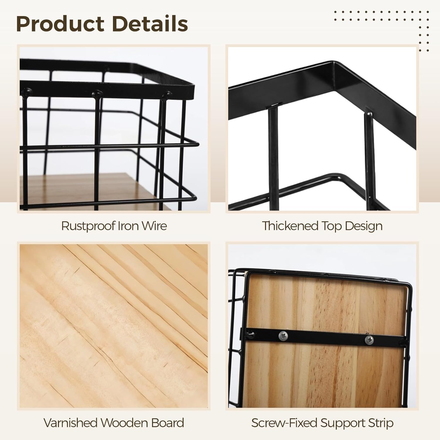 Small Metal Wire Basket for Wall Mount 2 PCS - Metal Wire Storage Basket Wood Base, Toilet Paper Basket, Wall Hanging Wire Storage Organizer, Farmhouse Basket Bin for Bathroom Kitchen Bedroom - Image 3