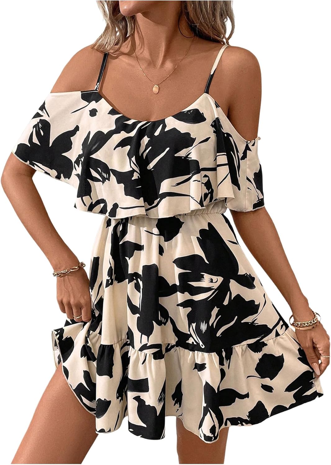 SOLY HUX Women's Boho Floral Print Cold Shoulder Dress Short Sleeve Ruffle A Line Vacation Elegant Mini Dresses