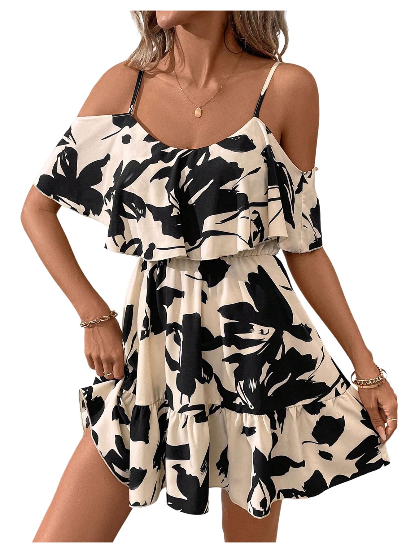 SOLY HUX Women's Boho Floral Print Cold Shoulder Dress Short Sleeve Ruffle A Line Vacation Elegant Mini Dresses