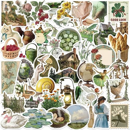 50 calcomanías verdes vintage, decoración estética de casa de campo, regalos retro para adolescentes y adultos, calcomanías de vinilo impermeables
